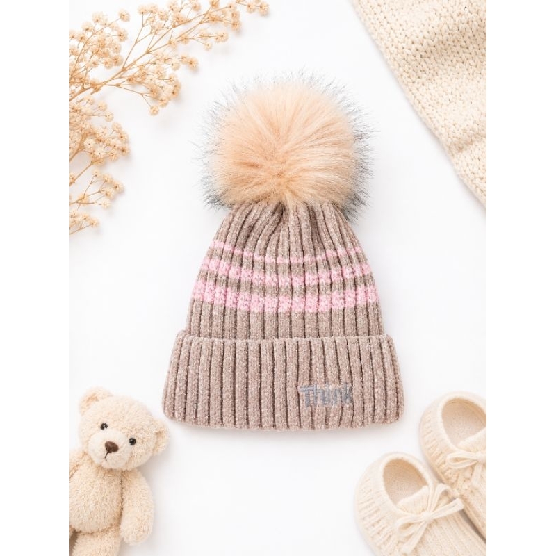 Touca Infantil Gorro Pompom Pelado Brechó Canelada Think Rosa Lã Quentinho Desapego Barato Inverno Menina Fofa
