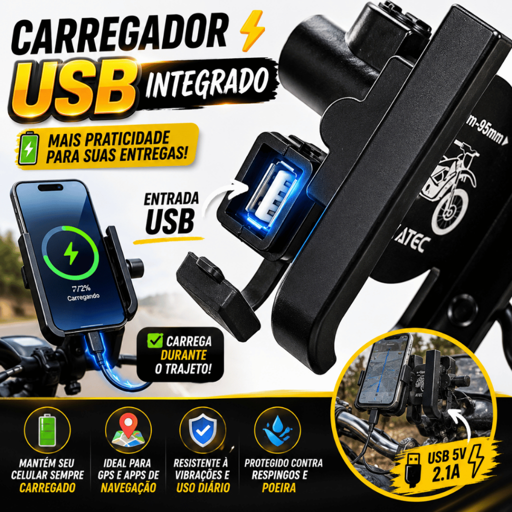 Suporte Celular Moto Entrega Motoboys Gps Liga De Alumínio Instalar No Retrovisor Carregador USB