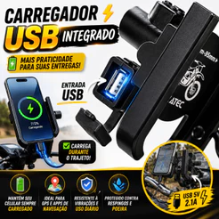 Suporte Celular Moto Entrega Motoboys Gps Liga De Alumínio Instalar No Retrovisor Carregador USB