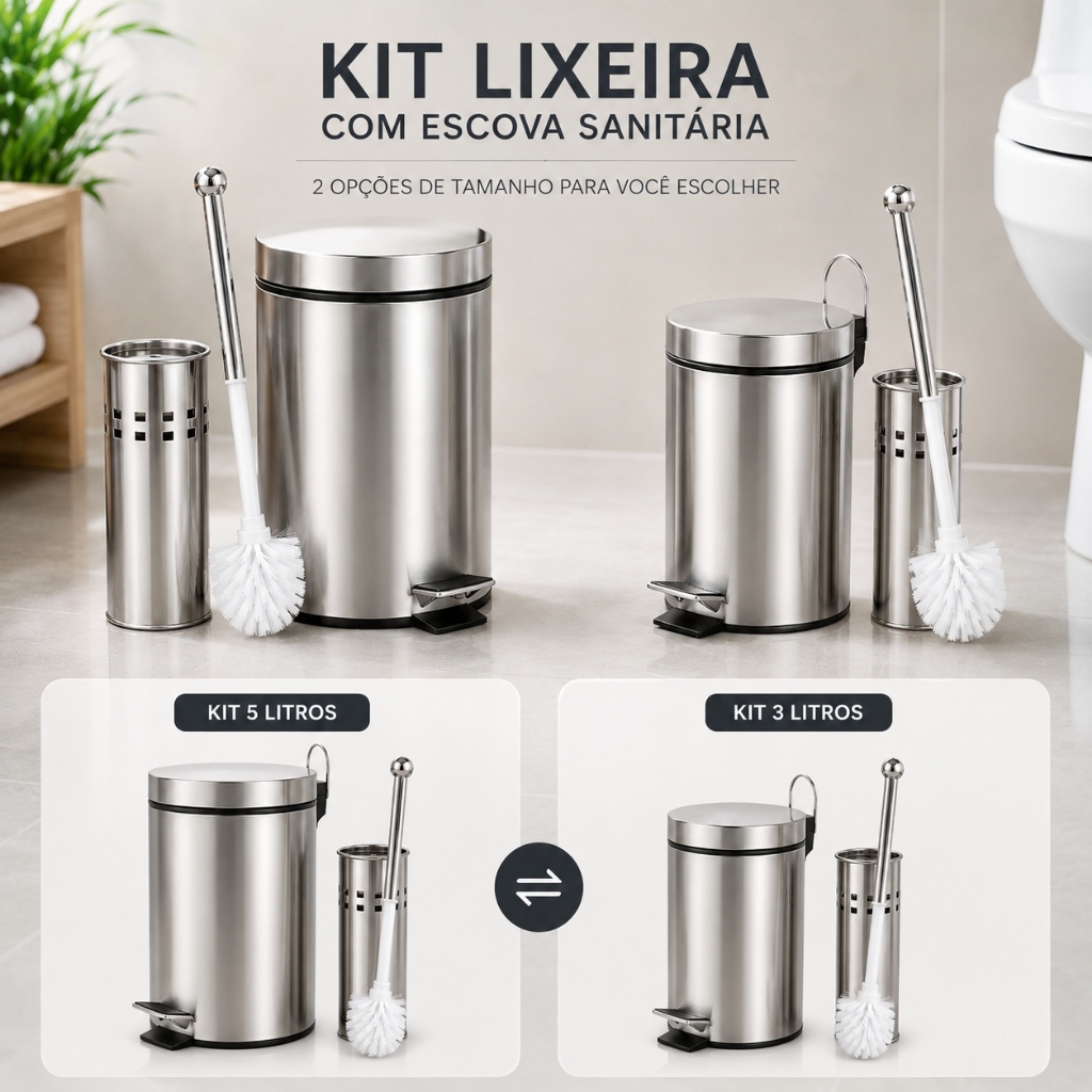 Kit Lixeira Inox Pedal 5L 3L + Escova Sanitária Banheiro Balde Removível Tampa Aço Inoxidável