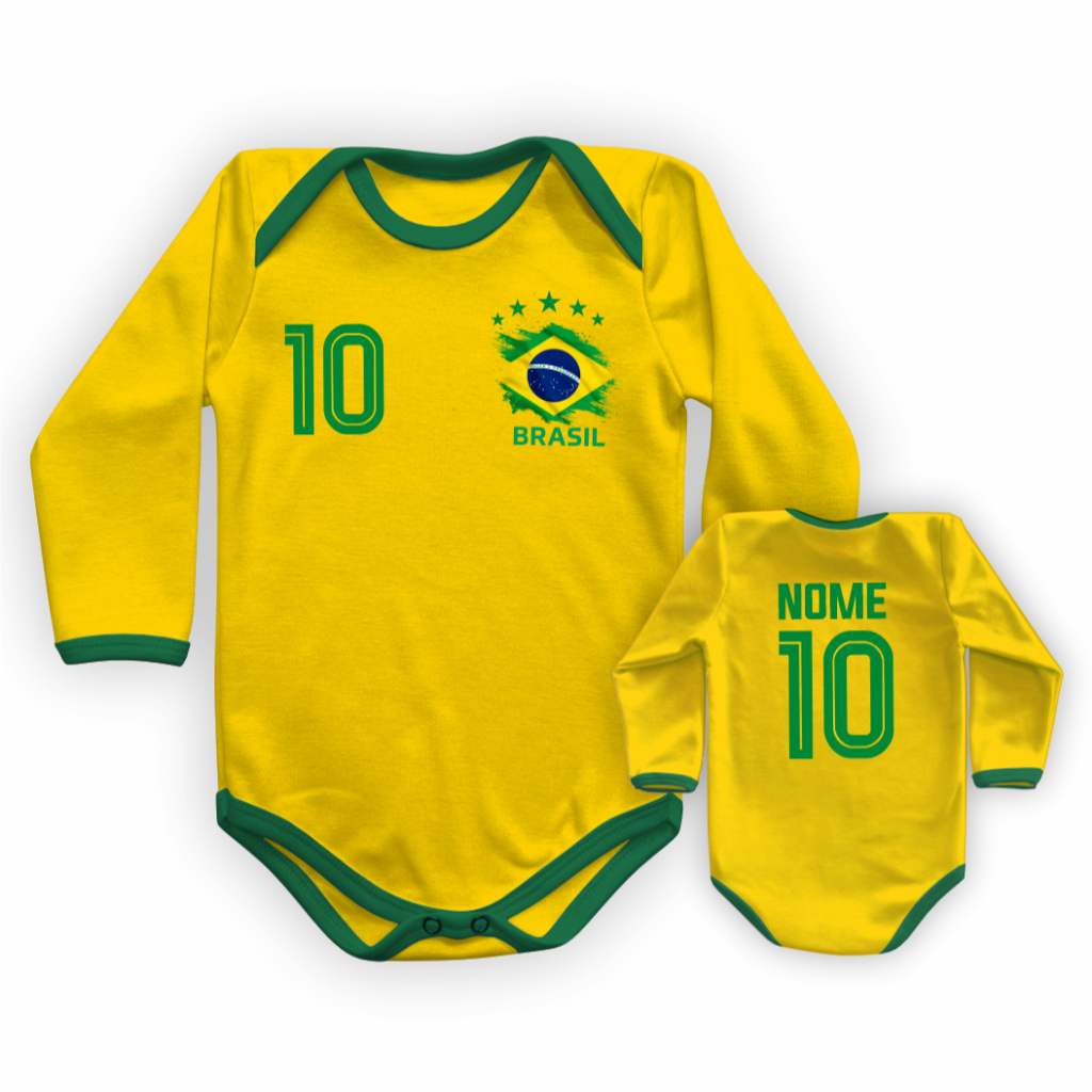 Body Bebe Brasil Personalizado com Nome Time Futebol Copa Vários Modelos