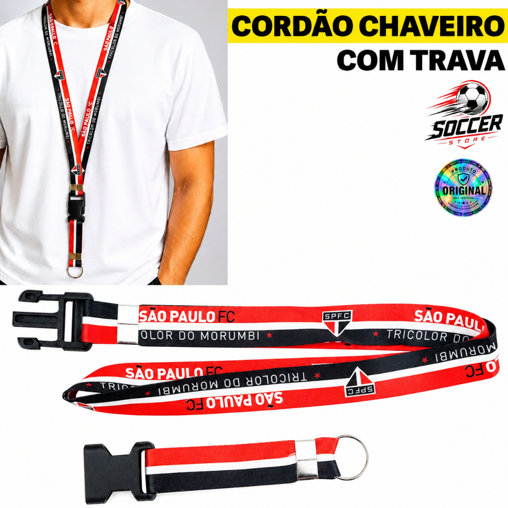 Cordão Chaveiro São Paulo Futebol Lanyard Pescoço Oficial Original Trava Mochila Argola Presente