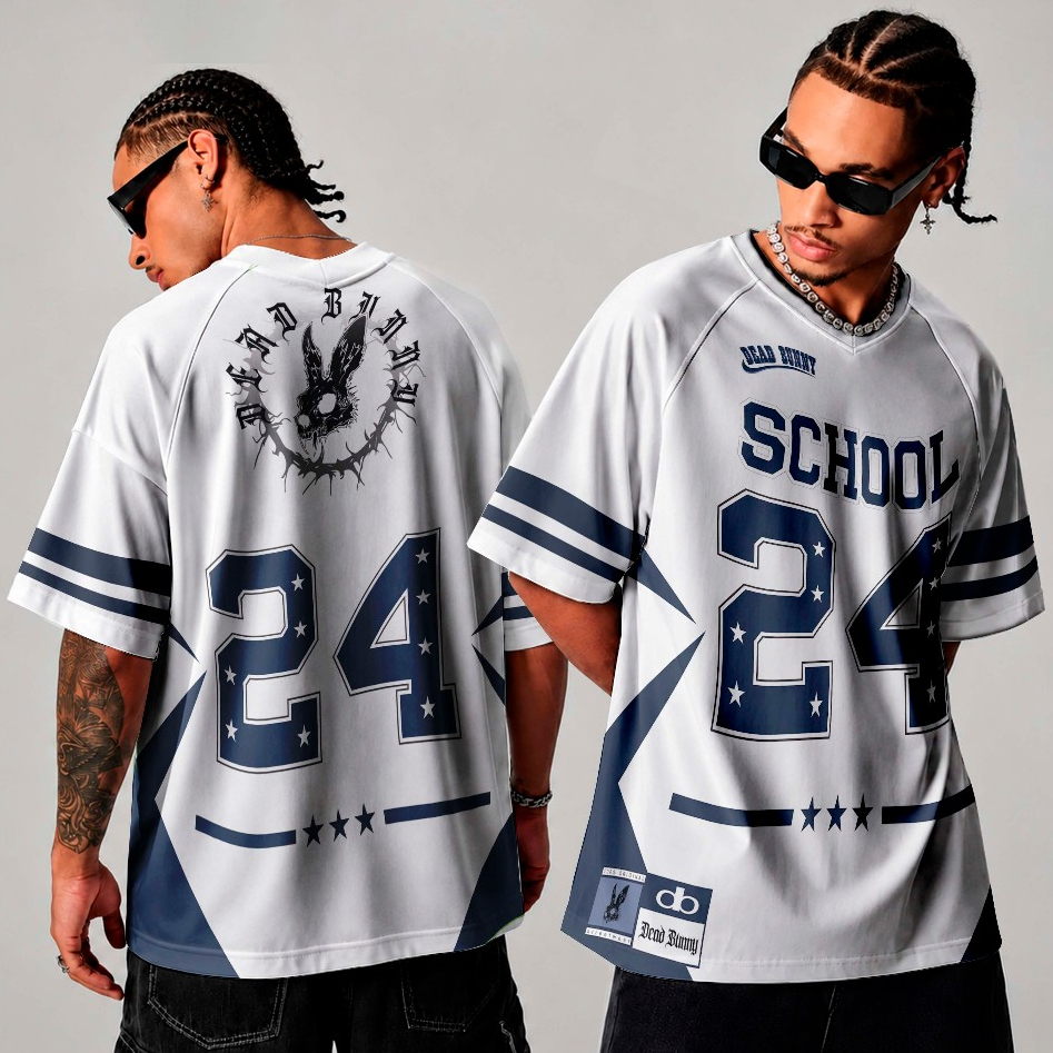 Camiseta Jersey Básica Sublimada Full Print Streetwear School Y2k Stars 24 Blue Simbolos Oficial Dead Bunny Lançamento