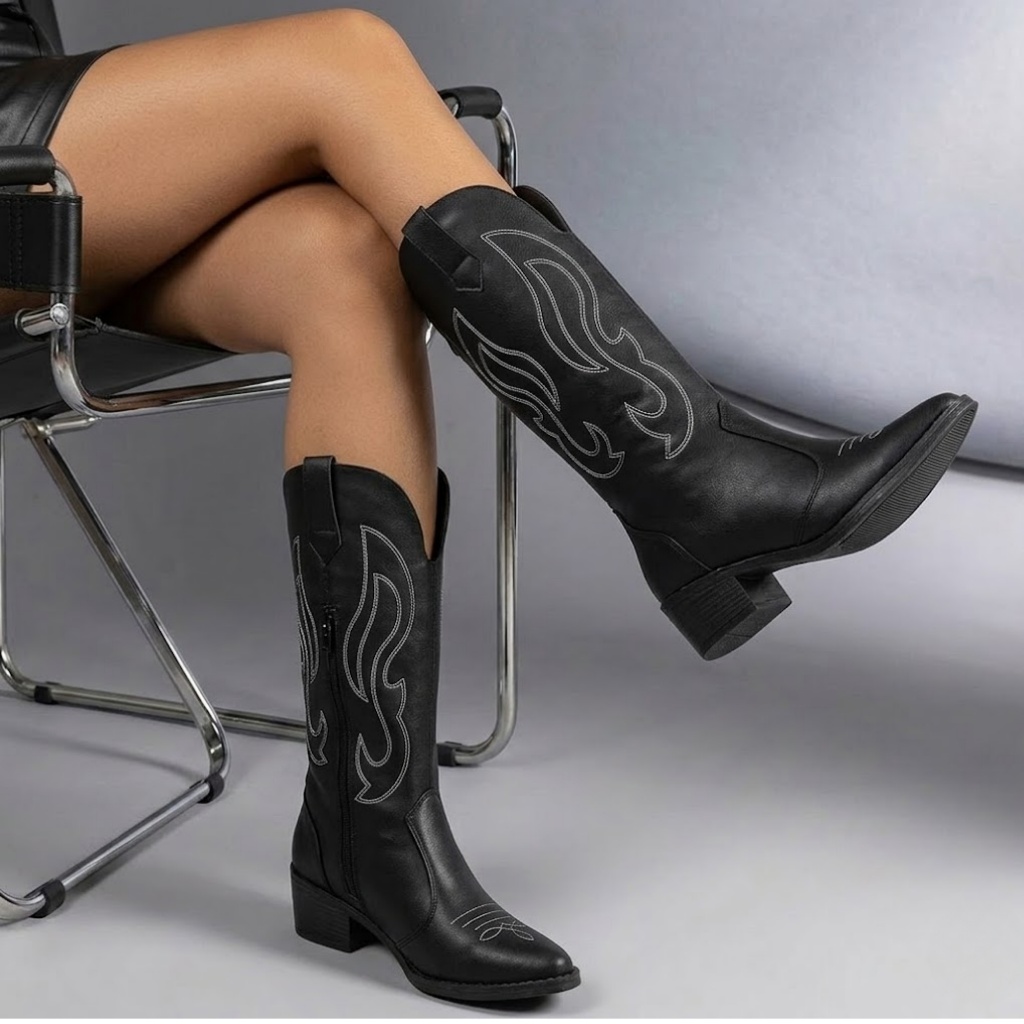 Bota Texana Feminina Country Rodeio Show Marrom Preto Cano Longo Bico Fino Bordado Western Inverno Frio Promoção Oferta