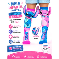 Meia 3D Stitch Angel Maluca Divertida Cano Alto PlushMood™ Infantil e Adulto com Orelhas Kawaii Confortável Personagem