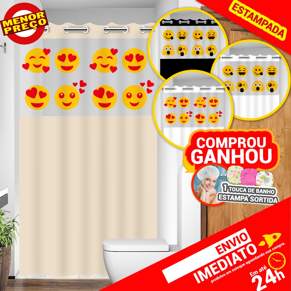 Cortina Box Emoji com Visor Para Banheiro Anti Mofo Resistente Alta Qualidade 100% PVC Várias Cores