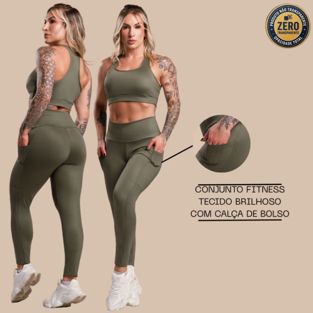 Conjunto Fitness Feminino Brilhoso Academia Top Nadador Liso e Calça Legging Bolso Cintura Alta ZERO TRANSPARÊNCIA