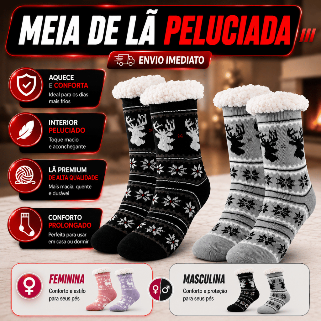 Meia Masculina Feminina Térmica Adulto Com Forro de Lã Grossa Inverno Pelinho Cano Alto
