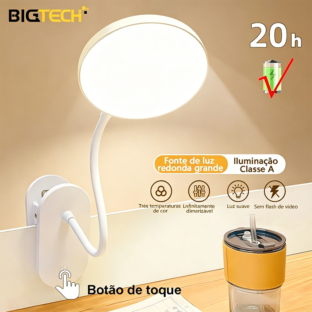 Luminária De Mesa Recarregável Portátil Leitura LED Lâmpada Cabeceira Removível Emergência Sem Fio