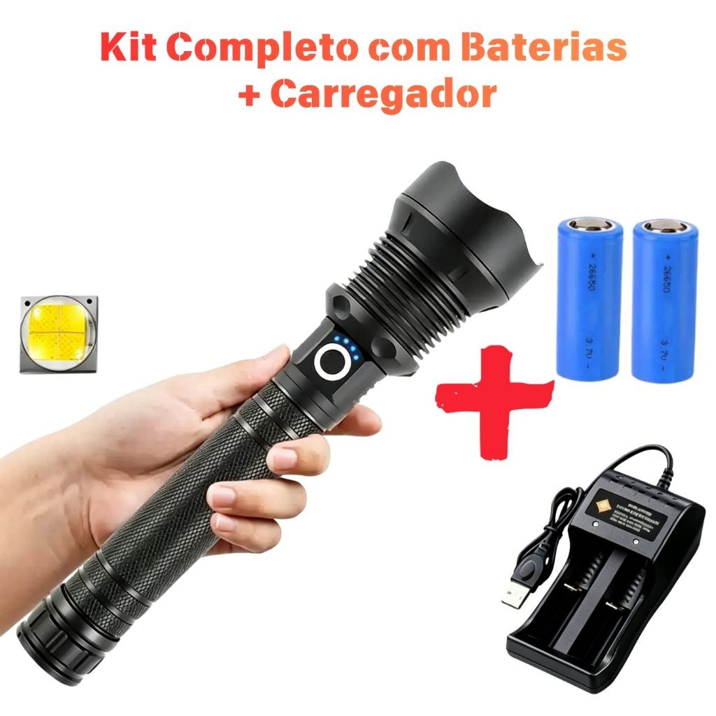 P50/P90 Lanterna LED Ultra Potente Kit Completo: Baterias+Carregador+Cabo USB-C, Longo Alcance