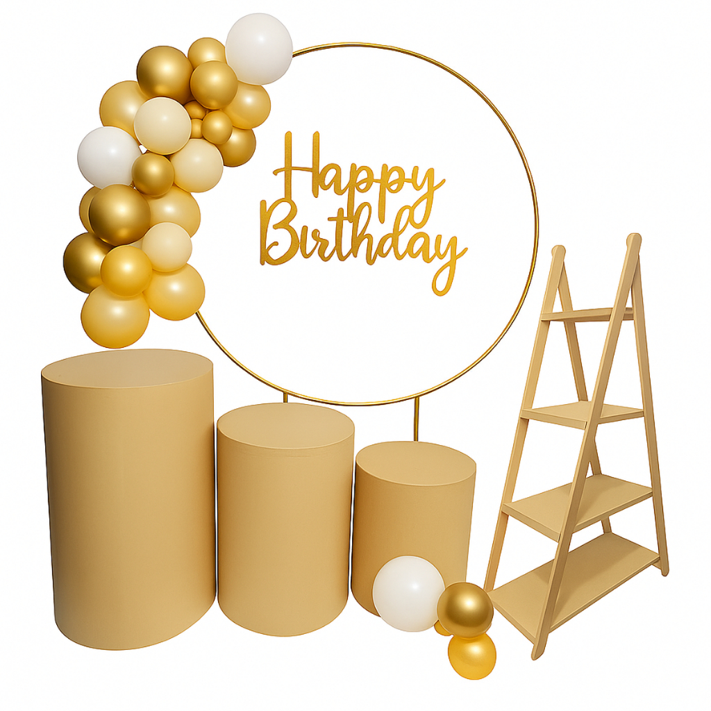 Kit  Arco Redondo Dourado Desmontavel + Trio Cilindro Mdf Aniversário Bolo Casamento Decoração Festa
