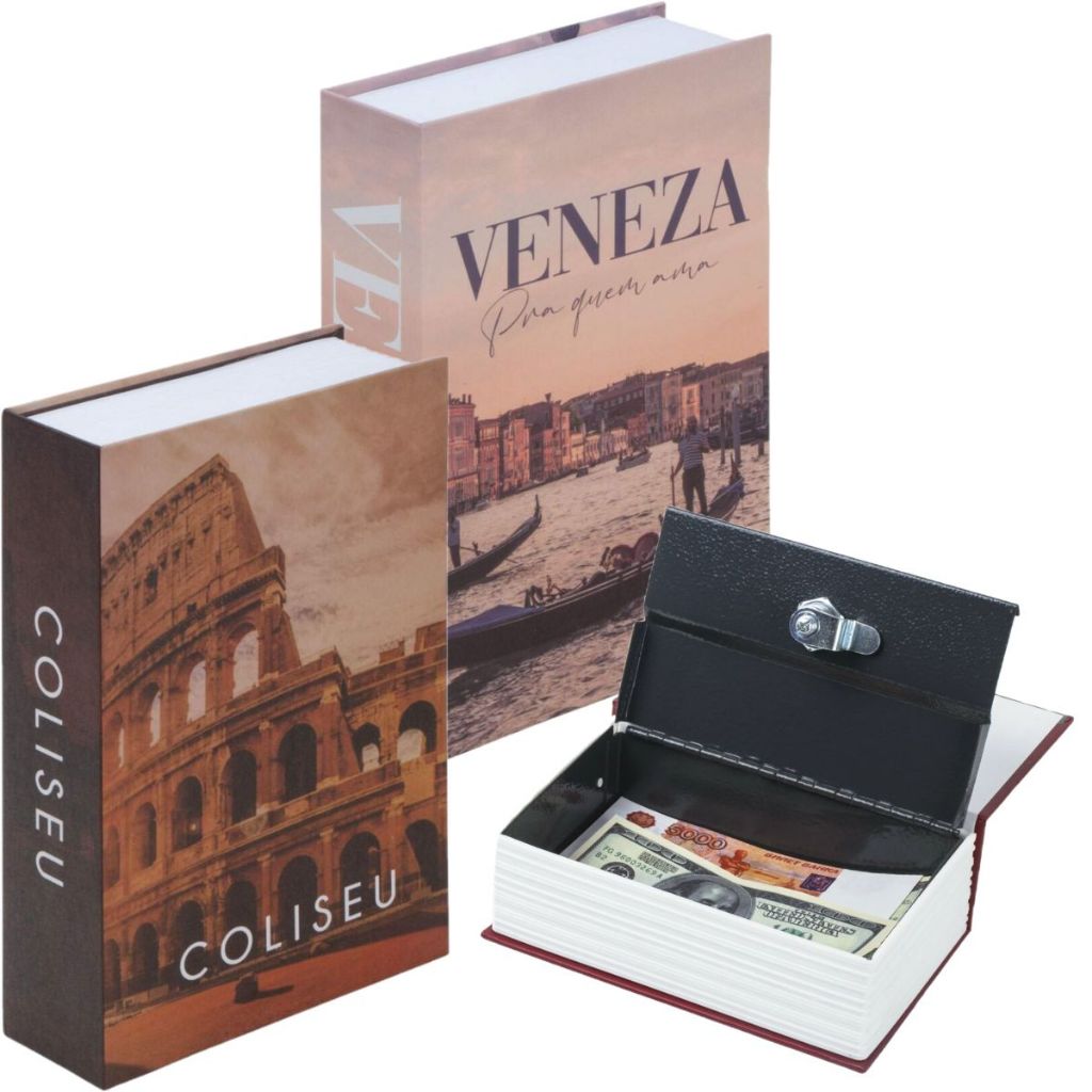Cofre Kit Com Dois Camuflado Em Forma De Livro Decorativo Porta Joias Dinheiro Documentos Com Chaves