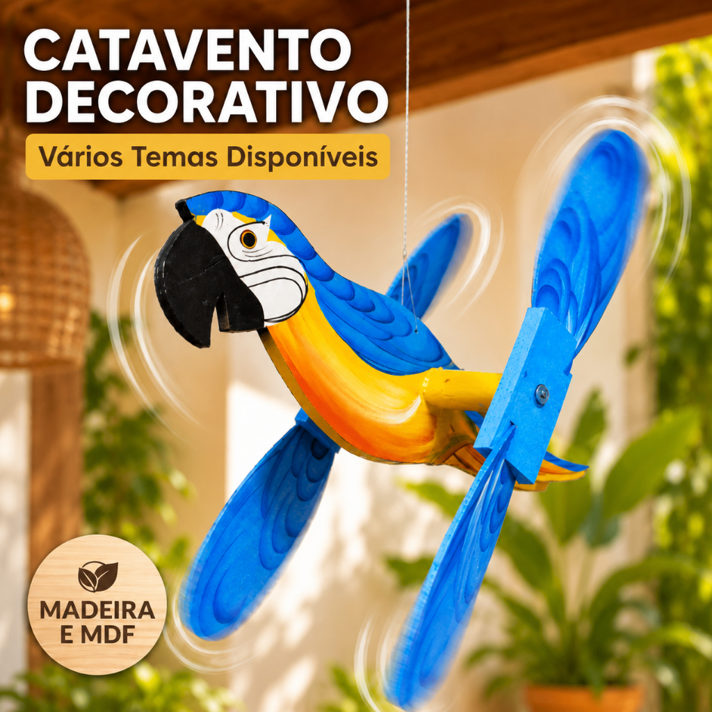 Catavento Decorativo Madeira e MDF Arara Enfeite Jardim Externo Gira com Vento