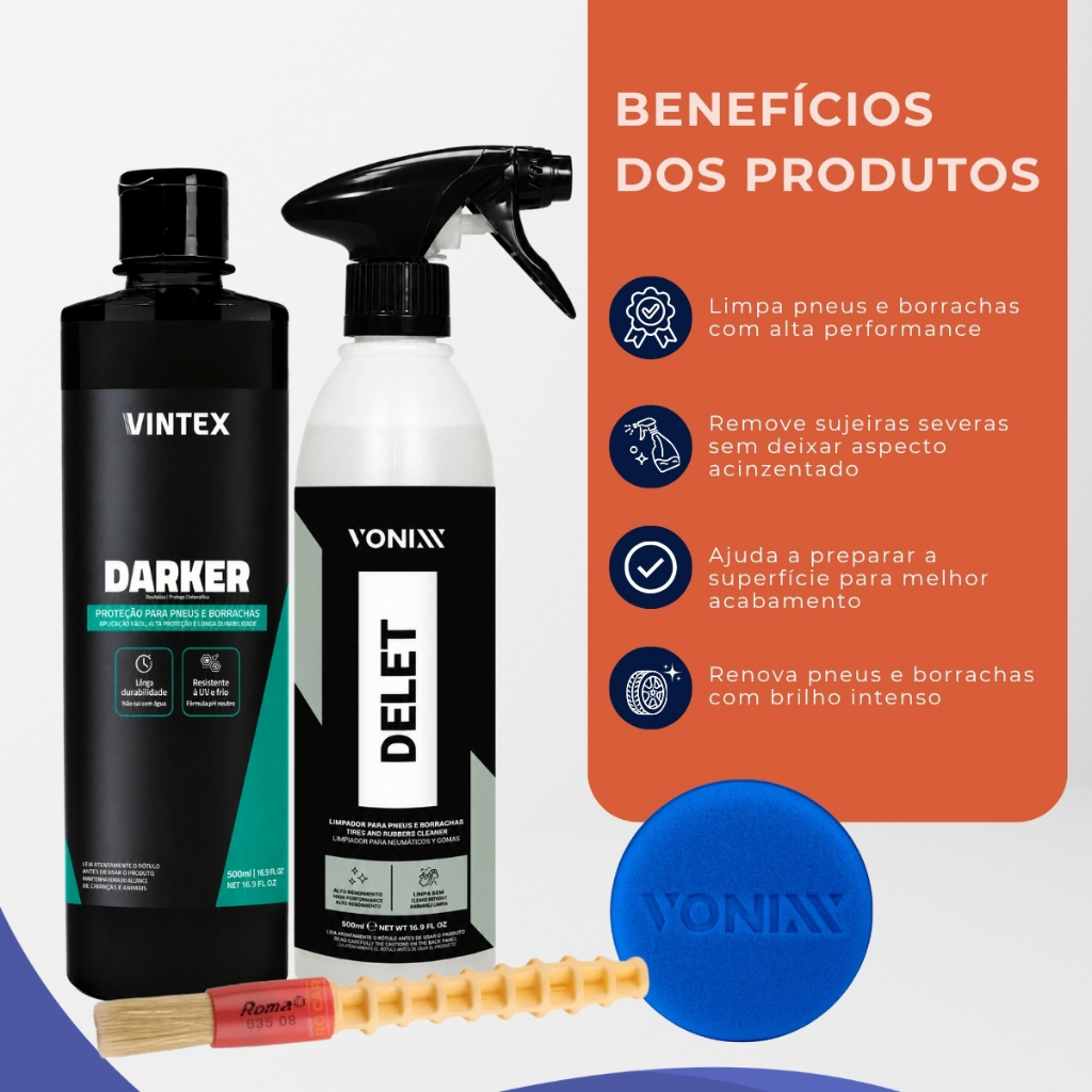 Kit Revitalizador Pneus Vintex Darker 500ml + Limpador Delet Vonixx Automotiva Brilho — imagem 2 de 2