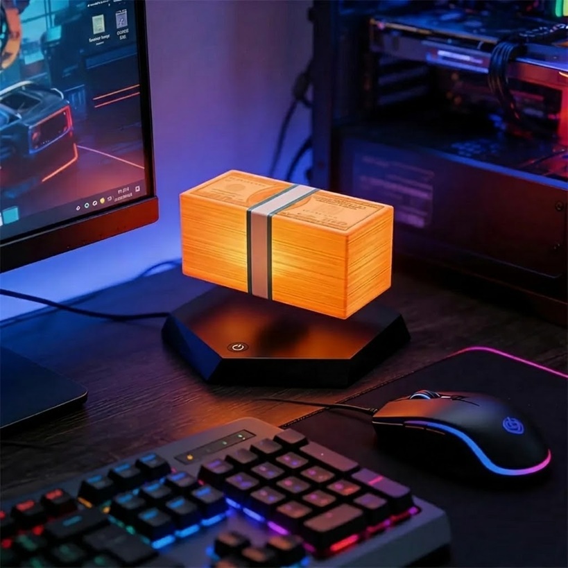 Luminária Dólar GTA Magnética Flutuante Bivolt Money Light LED Giratória Setup Gamer Geek
