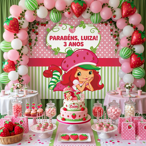 Painel/Banner de Festa Antirreflexo Decoração Infantil Moranguinho/Morango/Strawberry Shortcake