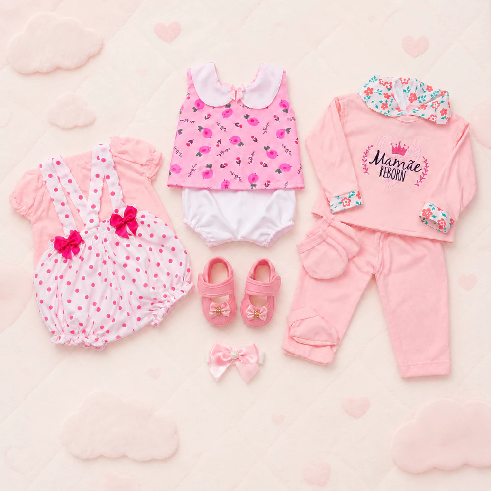 Kit Roupinha Bebê Reborn 2 Jardineiras + Pijama 5 Peças + Tiara + Sapatinho - Veste de 45 a 50cm!