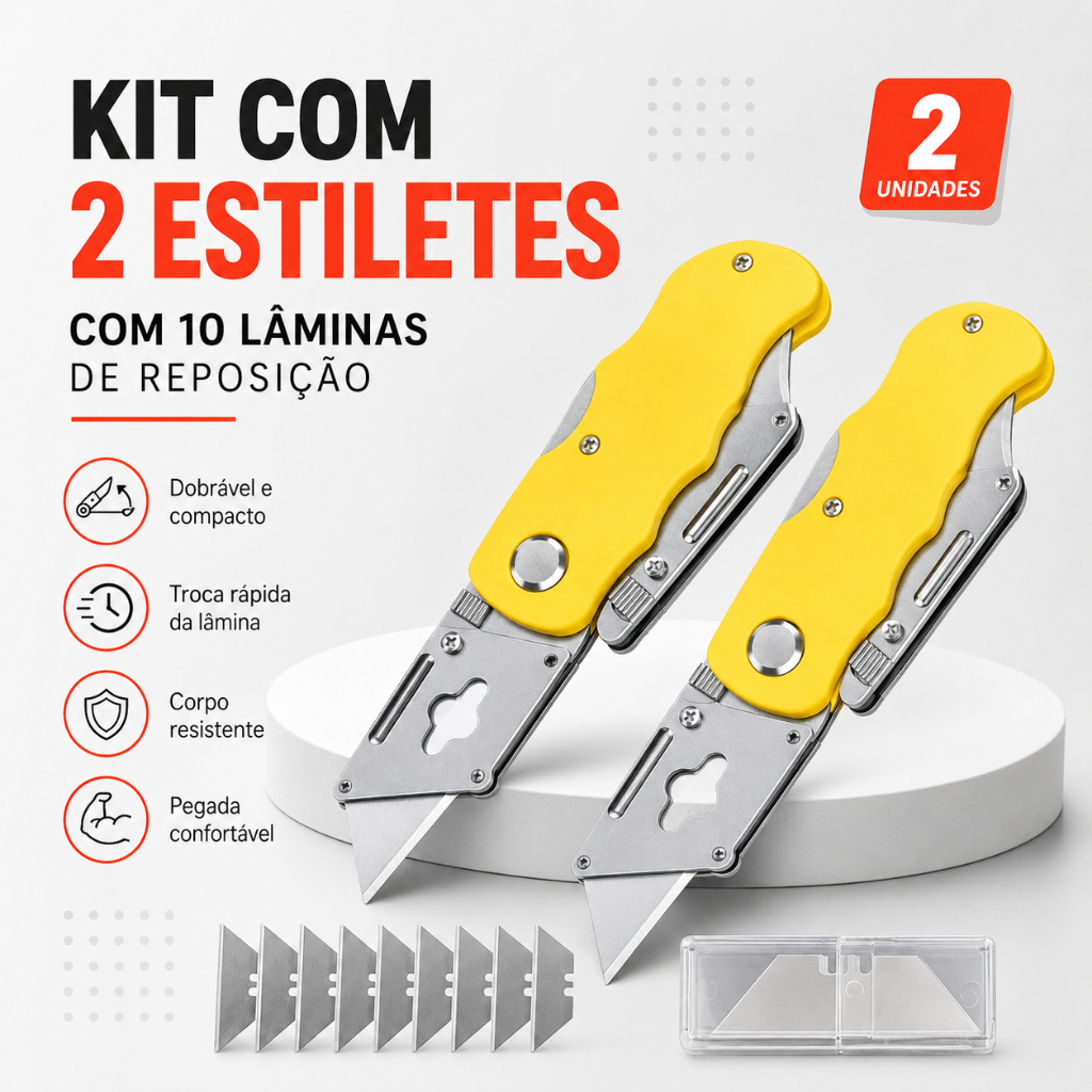 Kit 2 Estilete Trapezoidal Profissional Dobrável 10 Laminas Reposição
