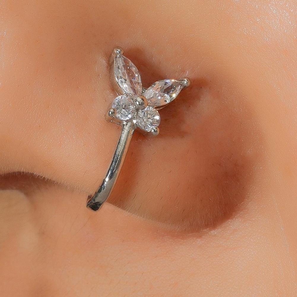 conjunto 3pçs Piercing Falso de Nariz prata925/316L De U Com Zircônia Incrustada Sem Furo anel