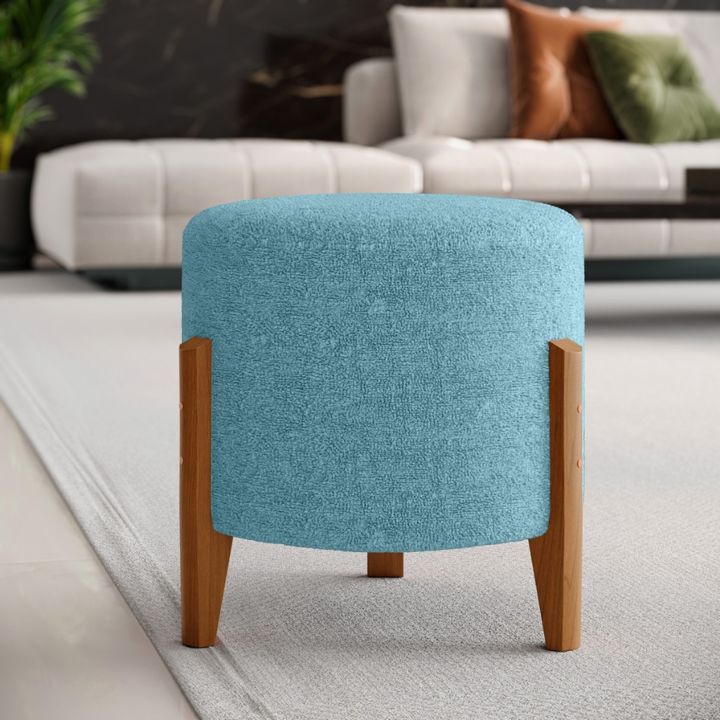 Puff Londres Cilíndrico Bouclé Azul 40x43 cm com Pés de Madeira Maciça | Puff Decorativo para Sala e Quarto