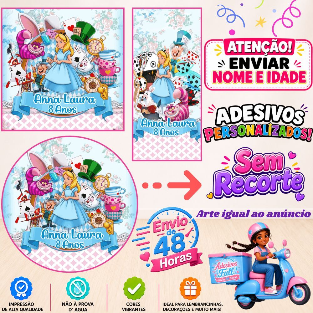 Alice no País das Maravilhas - 100/60/40 Adesivos Personalizados Lembrancinhas Festa Aniversário