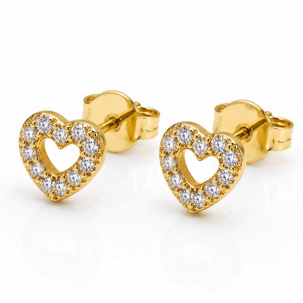 Brinco Coração Delicado Feminino Segundo Furo Banhado Ouro 18K Com Zircônia