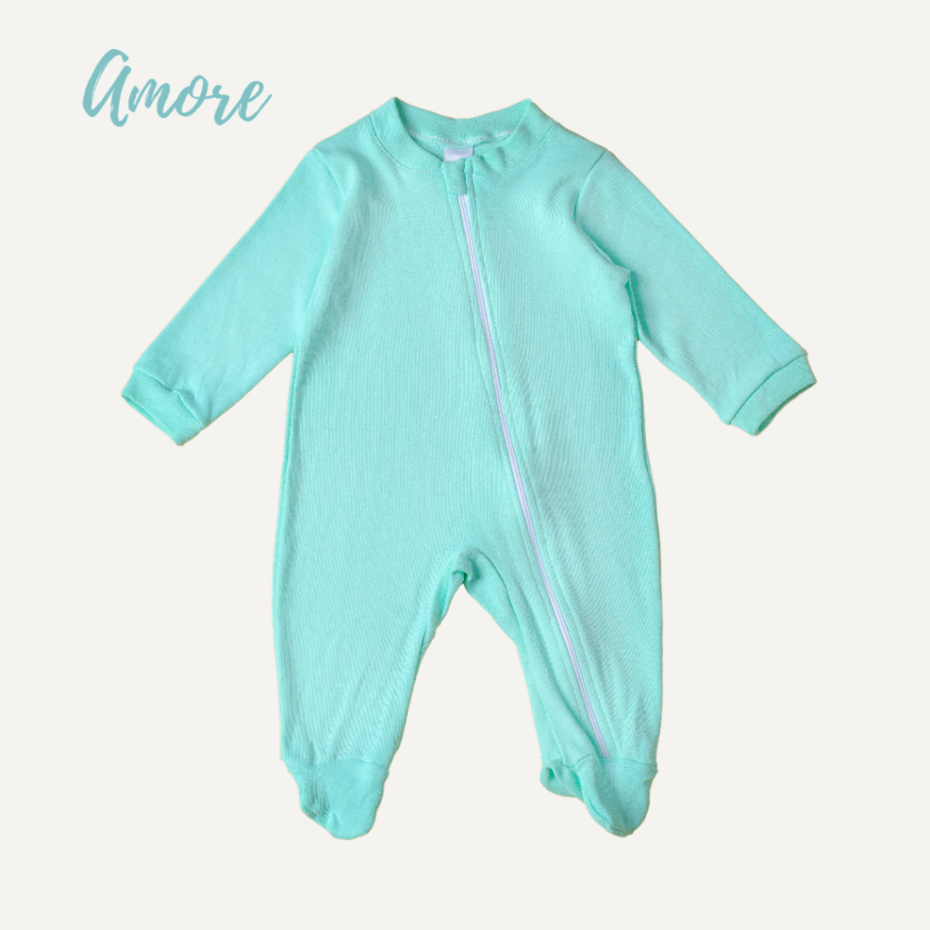 Macacão bebê Amore Pezinho Verde Água Maternidade 100% Algodão