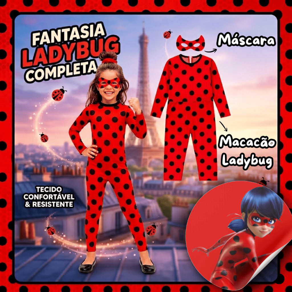 Fantasia Ladybug Infantil Original Roupa Traje Miraculous Macacão Cosplay Joaninha Menina com Máscara Completa Luxo