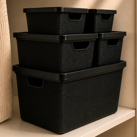 Kit Até 5 Caixas Organizadoras com Tampa Cesto Grande Plástico Resistente Multiuso Preto  2L 6L 16L Banheiro Gaveta Sala