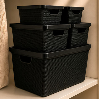 Kit Até 5 Caixas Organizadoras com Tampa Cesto Grande Plástico Resistente Multiuso Preto …