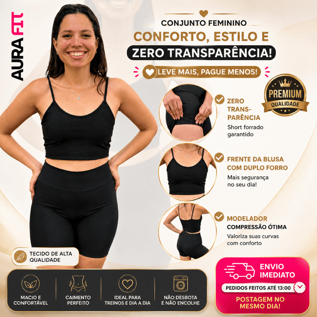 Conjunto de Academia Feminino - Zero Transparência Forrado Alta Compressão Short e Top Fitness Cintura Alta Modelador