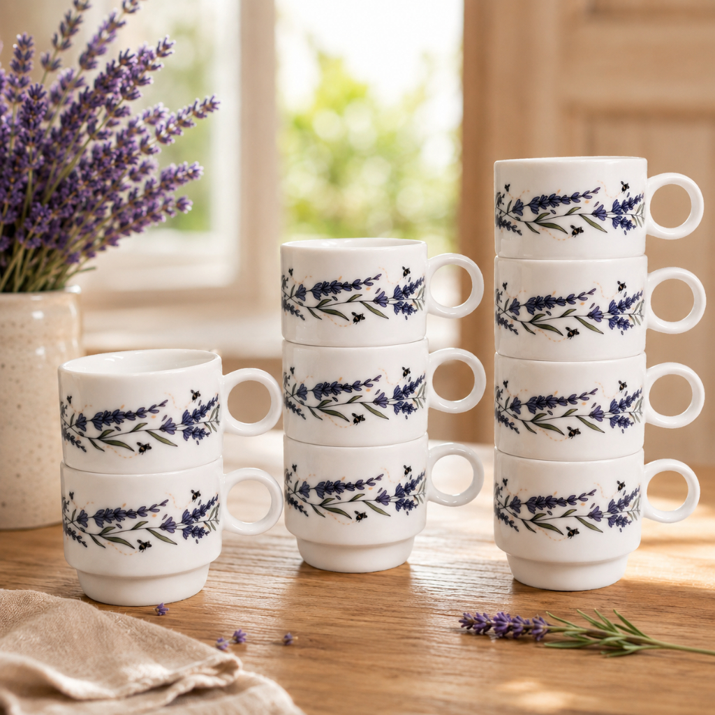Torre de Xícaras Empilháveis Porcelana 150ml Café Chá Jogo Mesa Posta Lavanda Borboleta