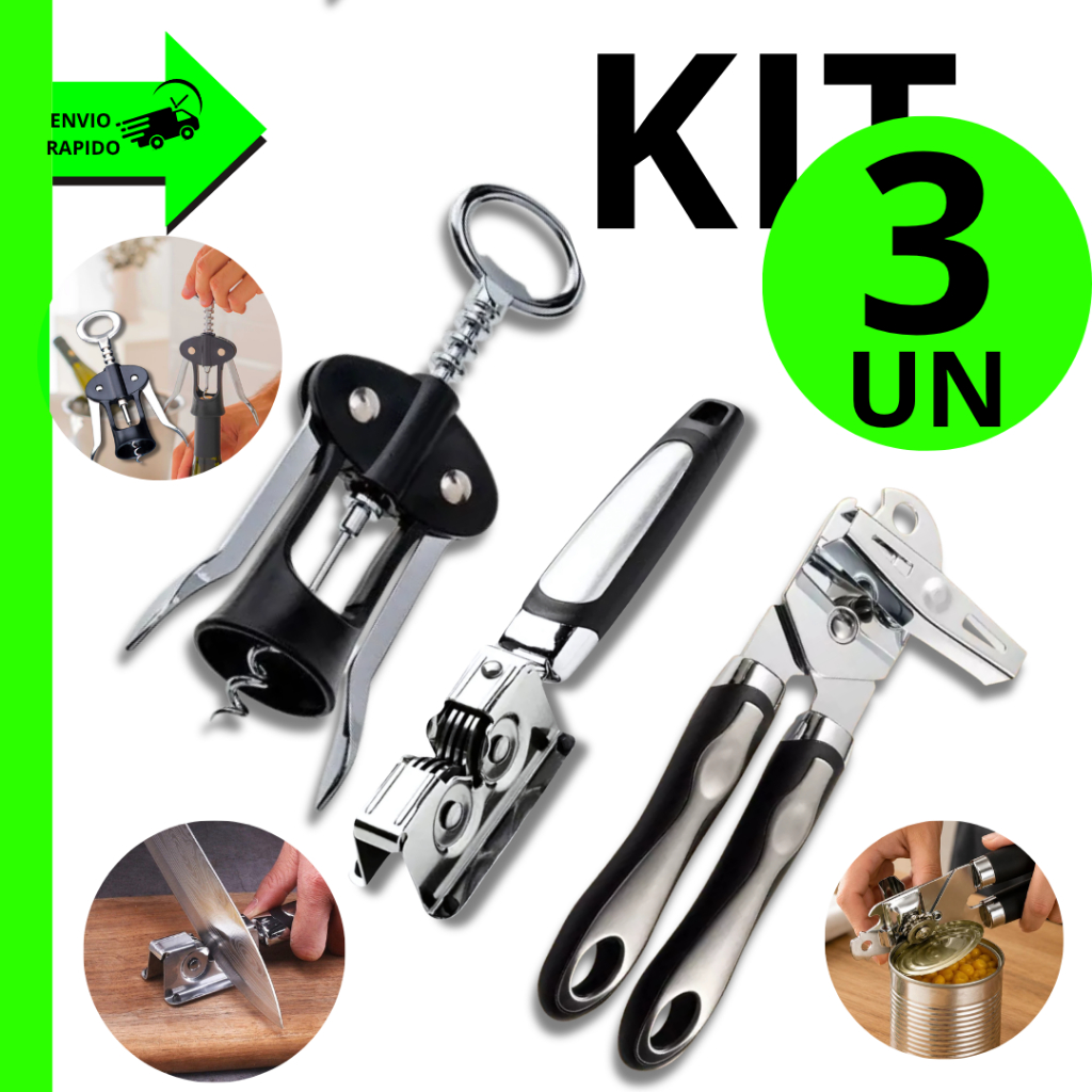 Kit 3 Saca Rolha  Amolador Faca Abridor de Lata Multifuncional p/ Cozinha Bar Restaurantes