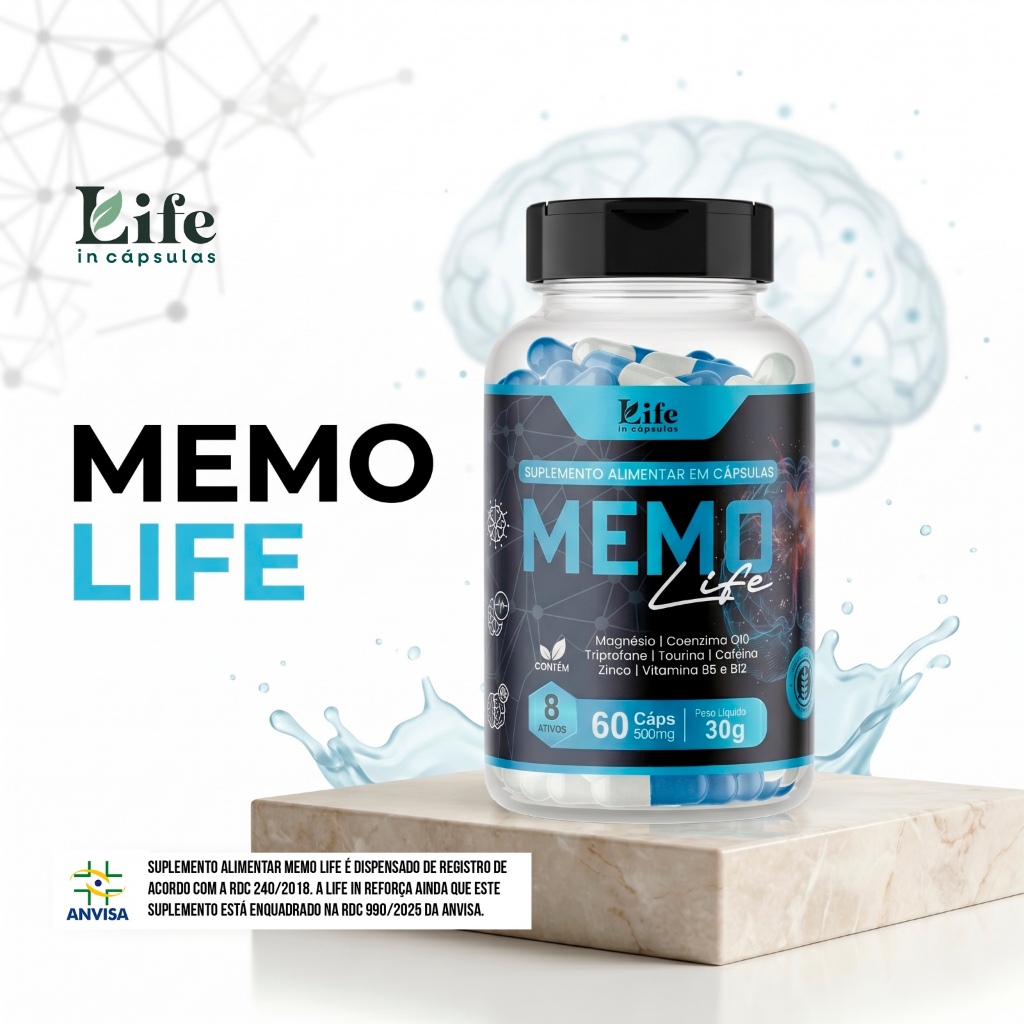 Memo Life 60 Cápsulas – Magnésio COQ10 Triptofano + Vitamina B12 | Foco Concentração. Envio Imediato