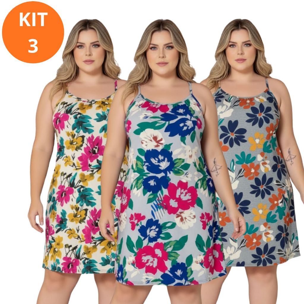 Kit 3 Vestidos Liganete Alcinha Plus Size G1 E G2 Estampados Cores E Estampas Variadas Femininos Confortáveis E Elegante