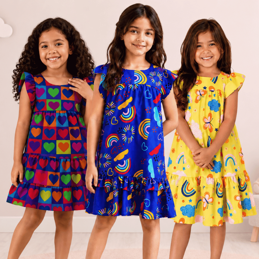 Roupa Infantil Feminina Vestido Menina Estampado Leve Fresquinho Crepe Santorini Verão