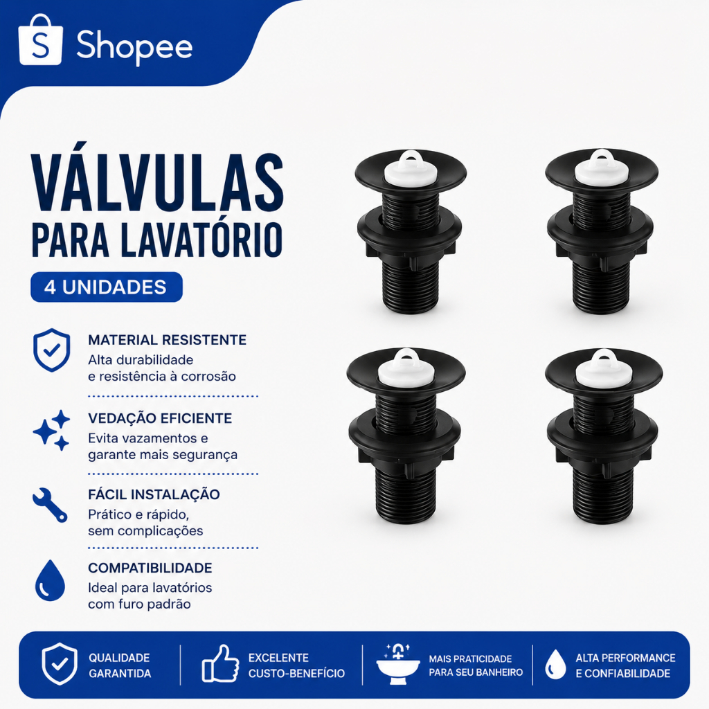 Kit 4 Válvula 7/8 Preta Abs Lavatório De Pia Kit 4 Válvula Para Pia 7/8 Abs Preta