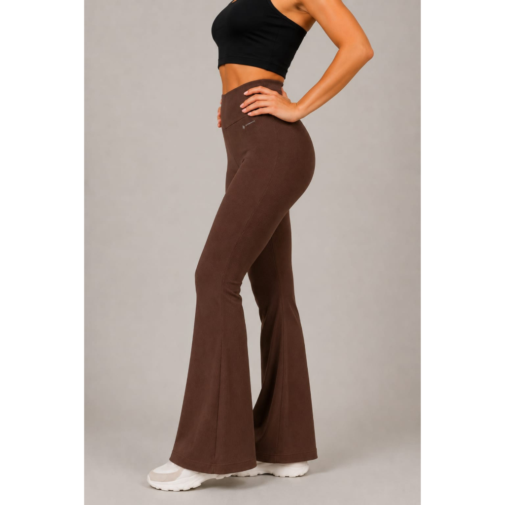 Legging Flare Marrom Canelada Feminina Poliamida Academia Fitness Sem Transparência LG432