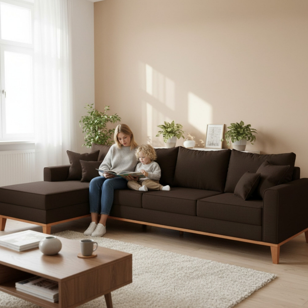 Sofá 4 Lugares Beny com Chaise Esquerdo Corino Marrom