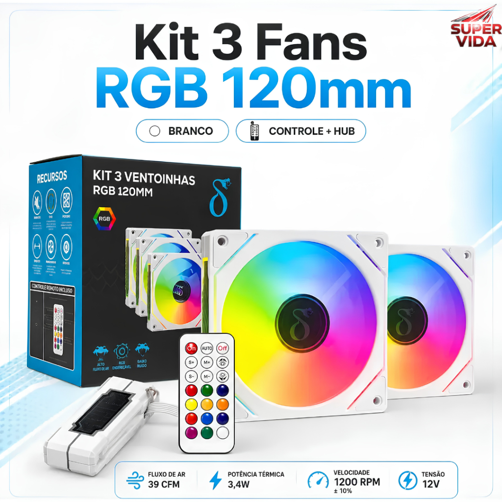Kit 3 Ventoinhas ARGB 120MM 1200 RPM ±10% com Baixo Ruído com Controle Remoto e Hub para Setup Gamer