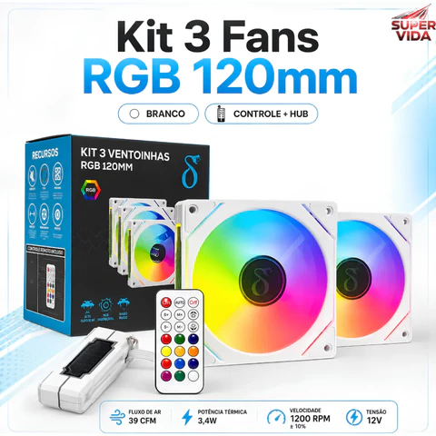 Kit 3 Ventoinhas ARGB 120MM 1200 RPM ±10% com Baixo Ruído com Controle Remoto e Hub para Setup Gamer