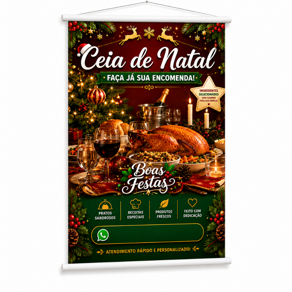 Banner Divulgação Encomenda Santa Ceia Natal produzido em lona. Cartaz Propaganda Restaurante Lanchonete Padaria