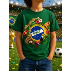 Camiseta Infantil Brasil Natureza Tropical Copa Estampa Colorida Menino Menina Algodão