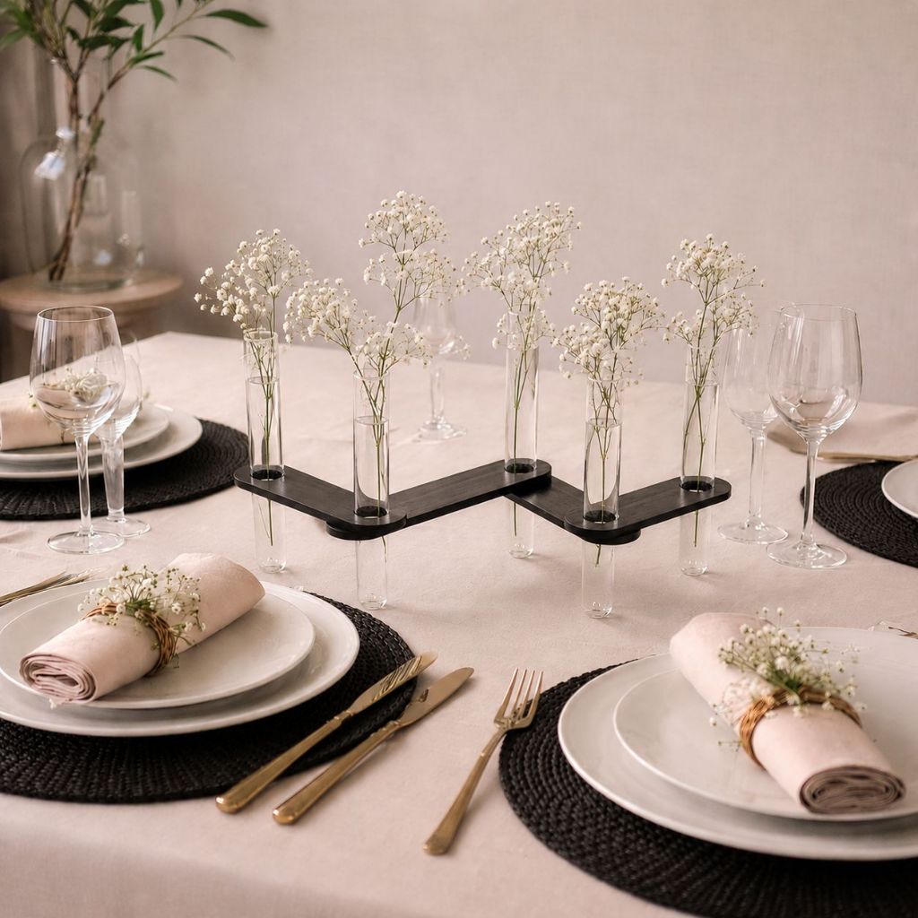 Vaso Suporte Decorativo Mesa Posta com Tubos de Vidro para Flores, Vaso Minimalista com Tubos de Vidro e Base em Madeira