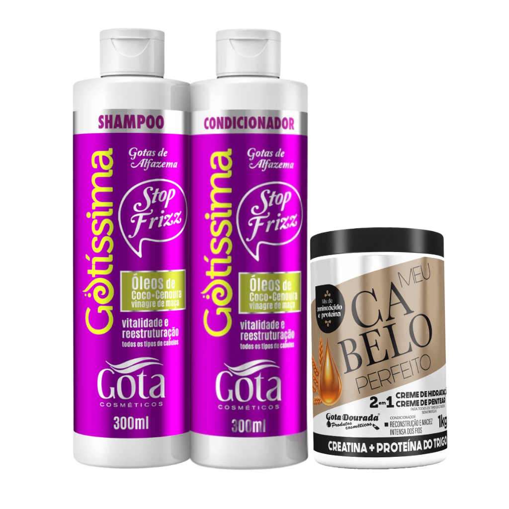 Kit Gota Dourada Gotas De Alfazema Shampoo e Condicionador 300ml e Creme 2 em 1 Cabelo Perfeito Proteína do Trigo 1Kg