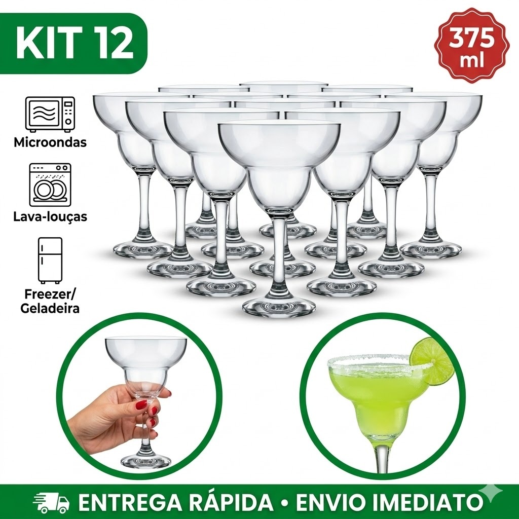 Jogo Kit de 03/06/12 Taças Margarita Vidro 375ML Drink Batida Coquetel Ceviche Buffet Bar Restaurante