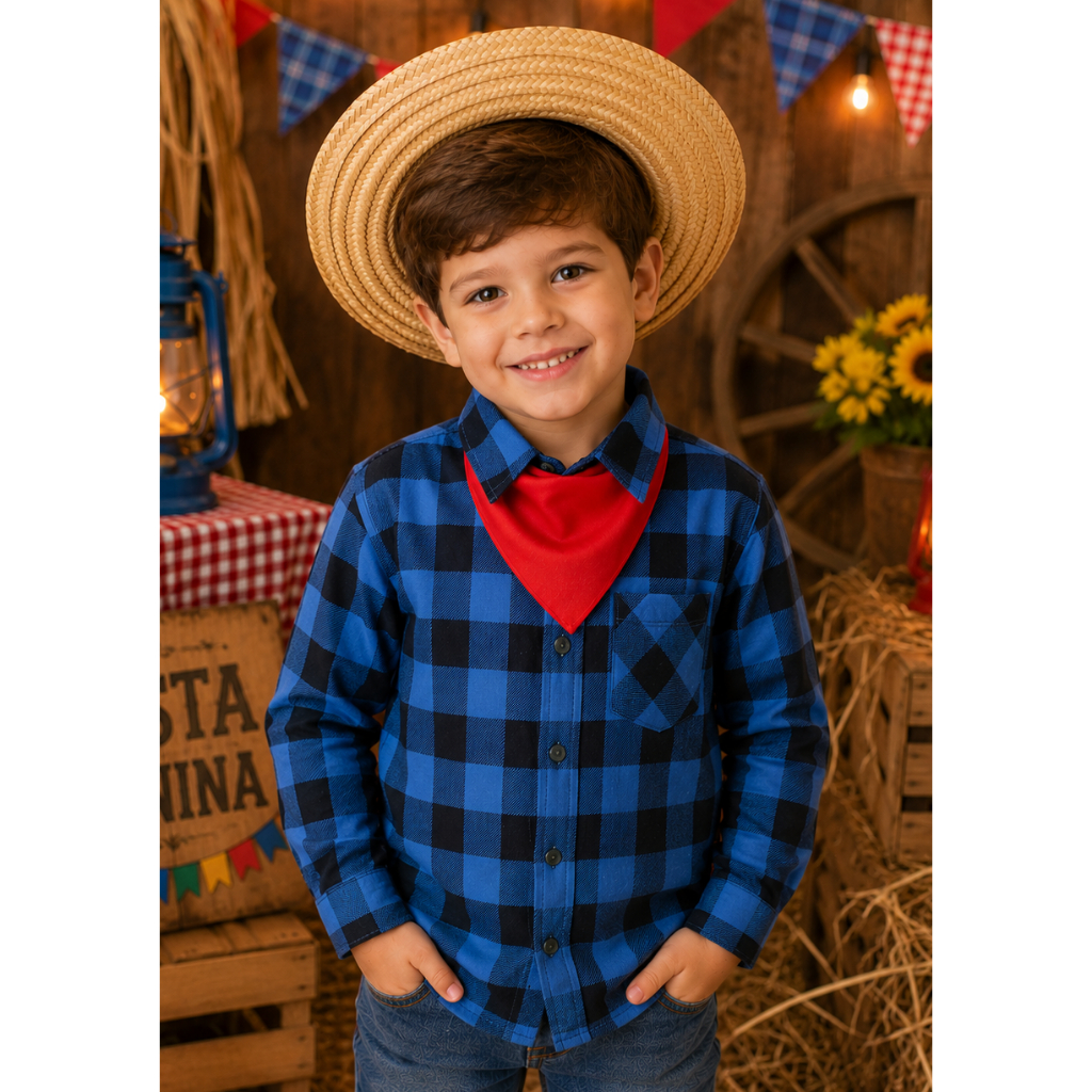 Kit Festa Junina Infantil Menino Camisa Xadrez Azul Bandana Vermelha