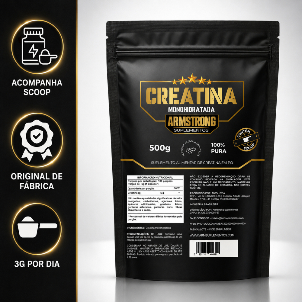 Creatina Monohidratada 500g 100% Pura Importada Armstrong Suplemento Alimentar Em Pó