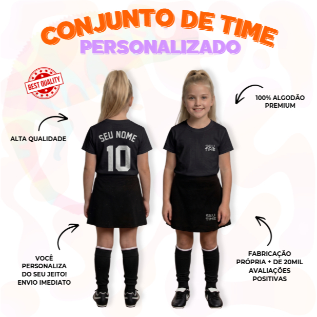 Conjunto Algodão Premium Camiseta + Short Saia Personalizado Com seu nome+ Num+Brasão