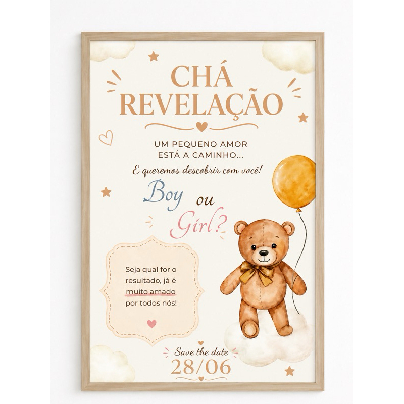 Quadro Decorativo Chá Revelação Boy ou Girl Personalizado Data e Nome Envio Imediato Bebê Menina ou Menino Ursinho Balão